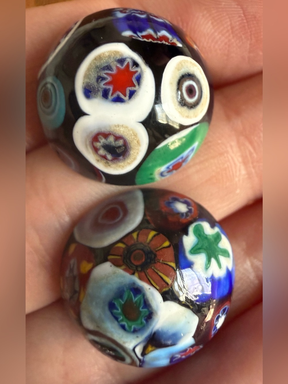 Vintage Multicolor Millefiori Glass Screw On Earrings White, Green, Blue, Red